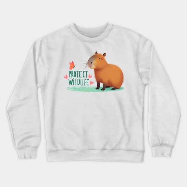 Protect Wildlife - Capybara with butterfly Crewneck Sweatshirt by PrintSoulDesigns